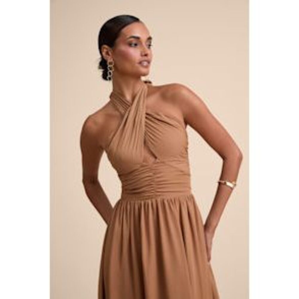 Lulu's Camel Halter Ruched Maxi Dress